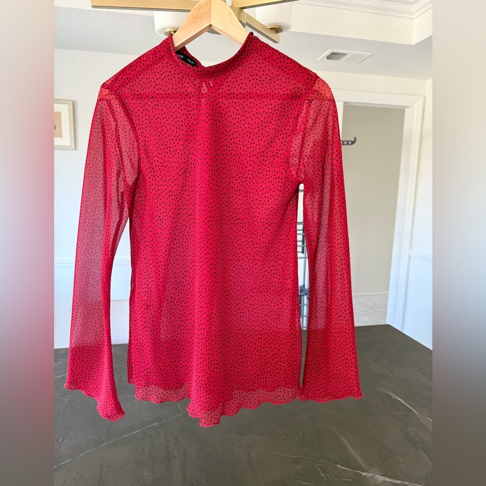 Mango Red Sheer Polka Dot Blouse